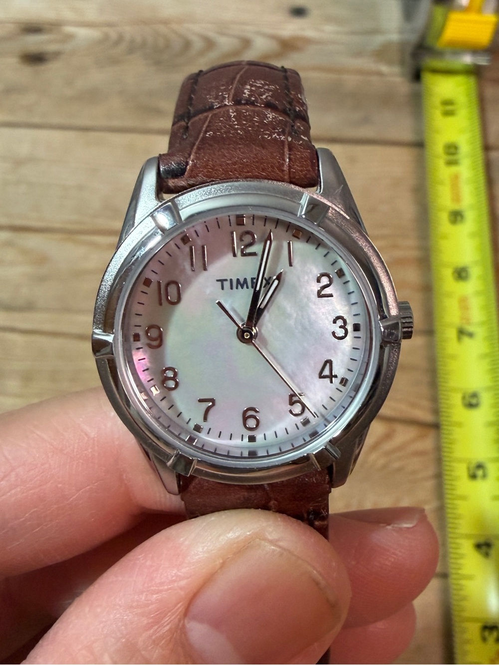 Timex women's Brown Leather Strap Watch with Mother-of-Pearl Dial